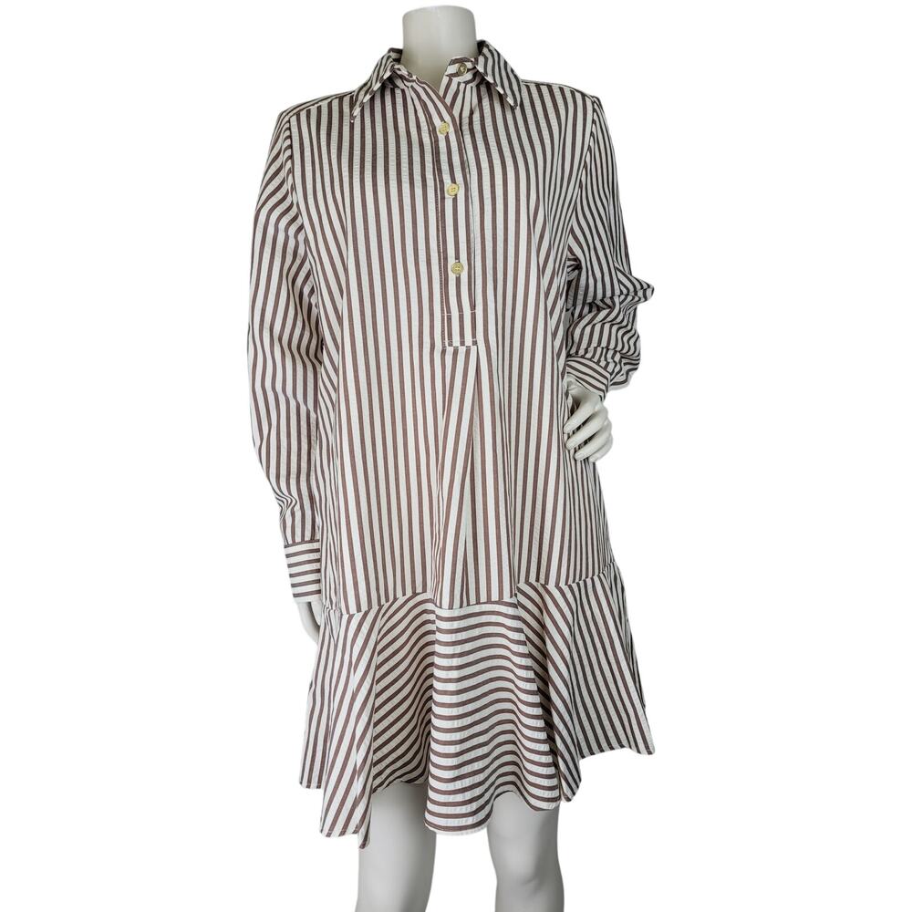 Entro Brown & White Striped Ruffled Hem Collared Shirt Dress Mini Sz M